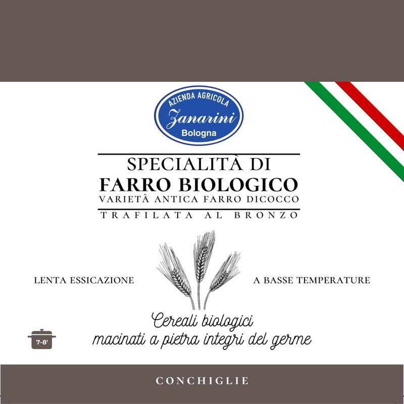 Etichetta della pasta di Farro con logo dell'azienda Zanarini